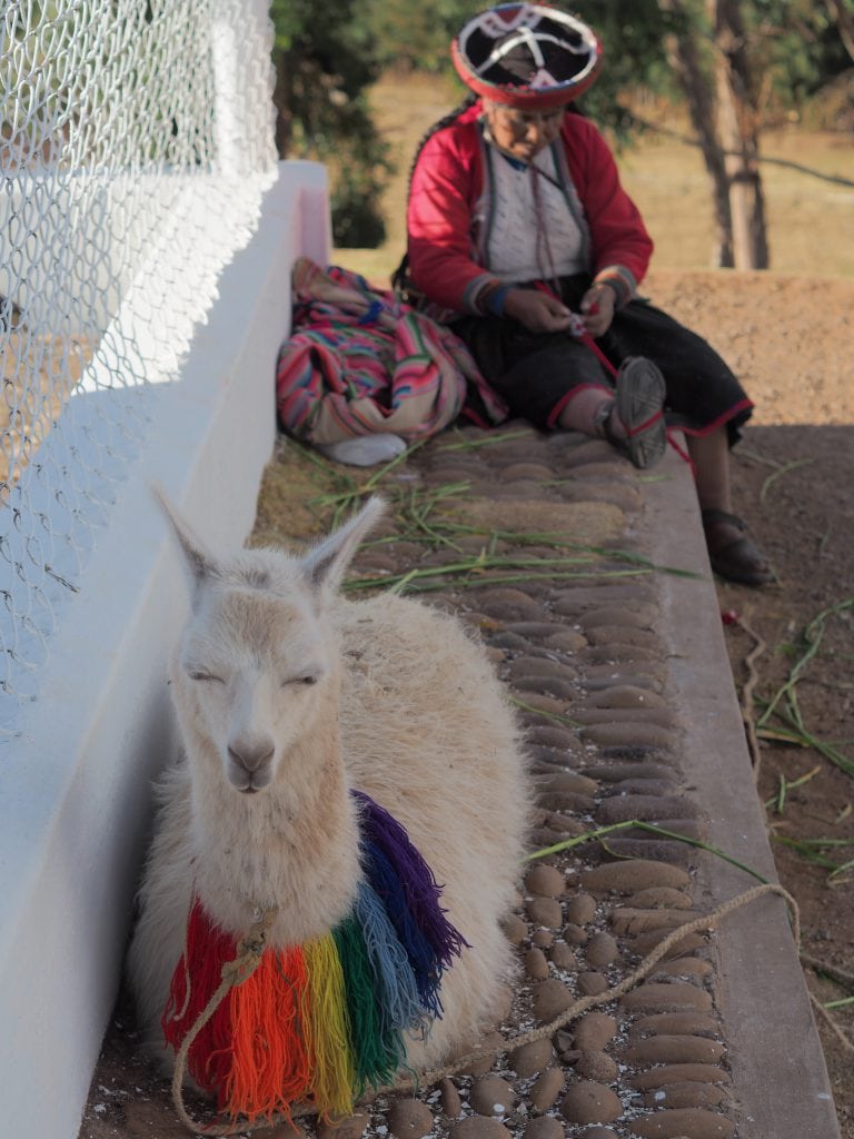 Belmond Monasterio best luxury hotels in Cusco Bonnie Rakhit Ladies in traditional Peruvian costume with Llama Alpaca