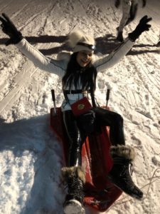 Verbier what to wear ski outfits The Alps Bonnie Rakhit wearing Julien MacDonald Dare2Be ski suit night sledging