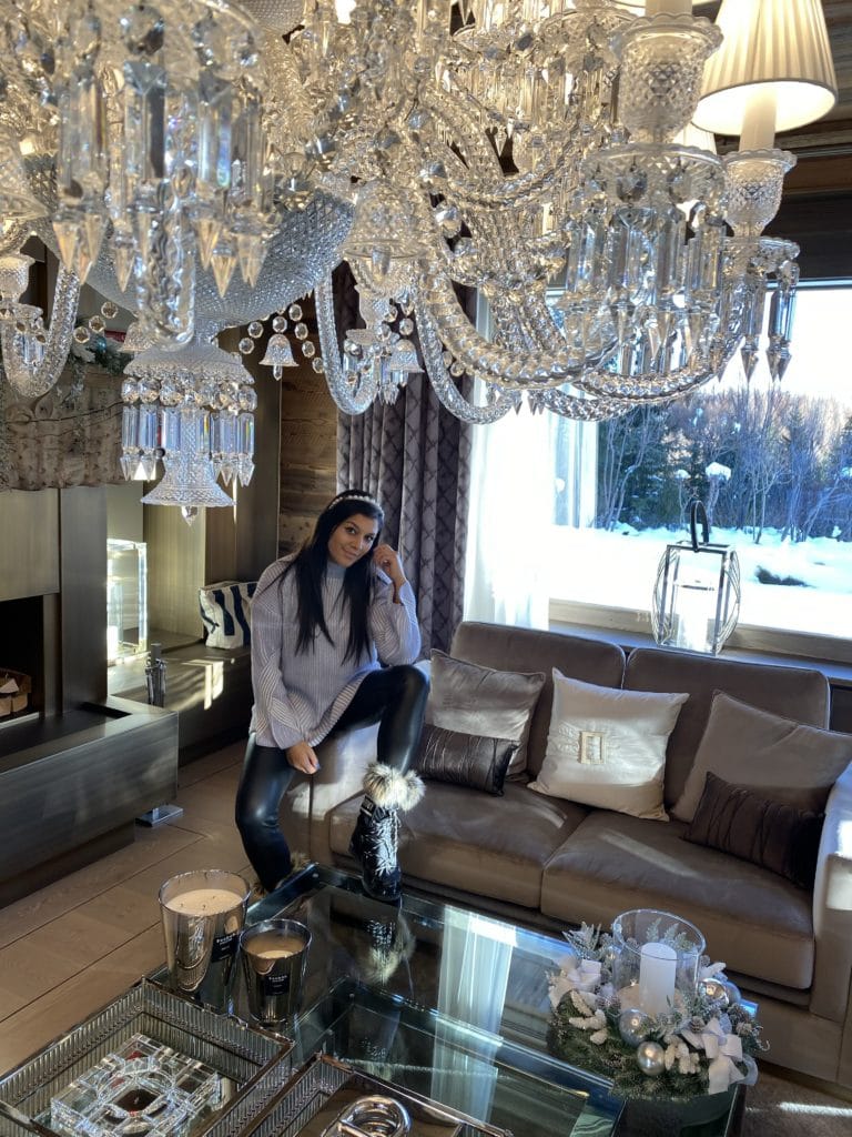 The Ultimate Luxury Ski Chalet - Ultima Crans Montana, Switzerland Bonnie Rakhit chandelier living room interior