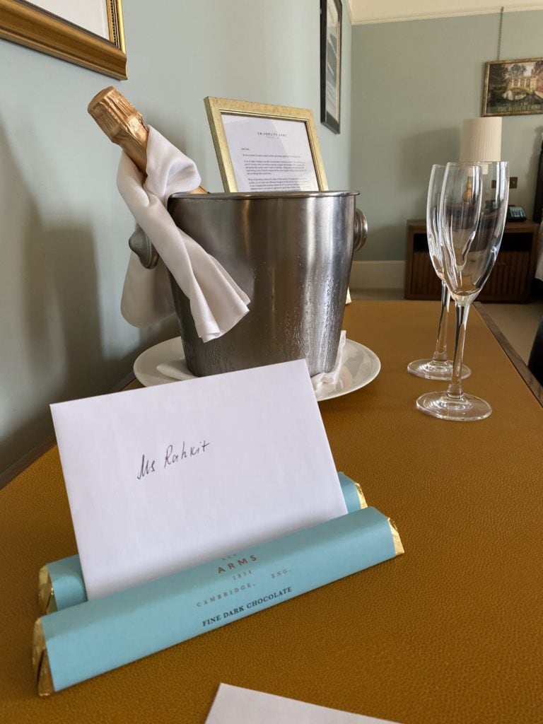 University Arms Hotel, Cambridge champagne in bedroom